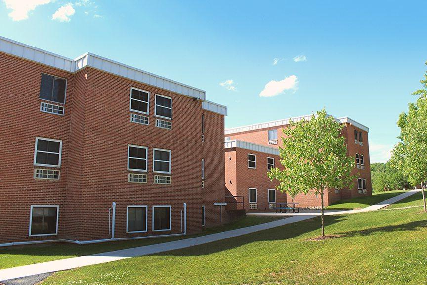 row of brick residence halls at Keystone College